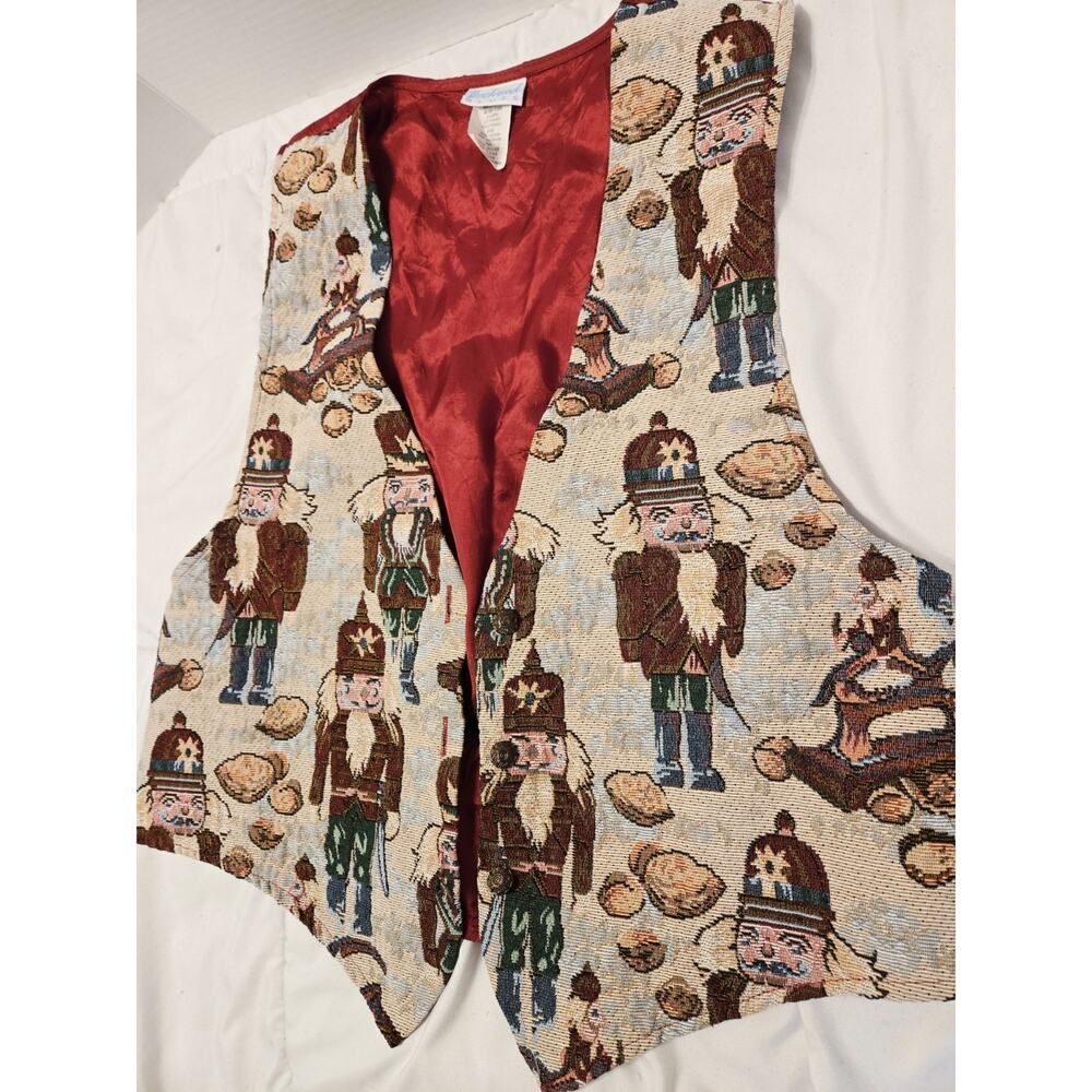 Vtg Christmas XL Holiday Tapestry Vest Nutcracker Backroad Made USA Red Festive